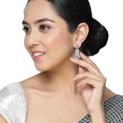 Rhodium-Plated American Diamond Studded Drop Earrings